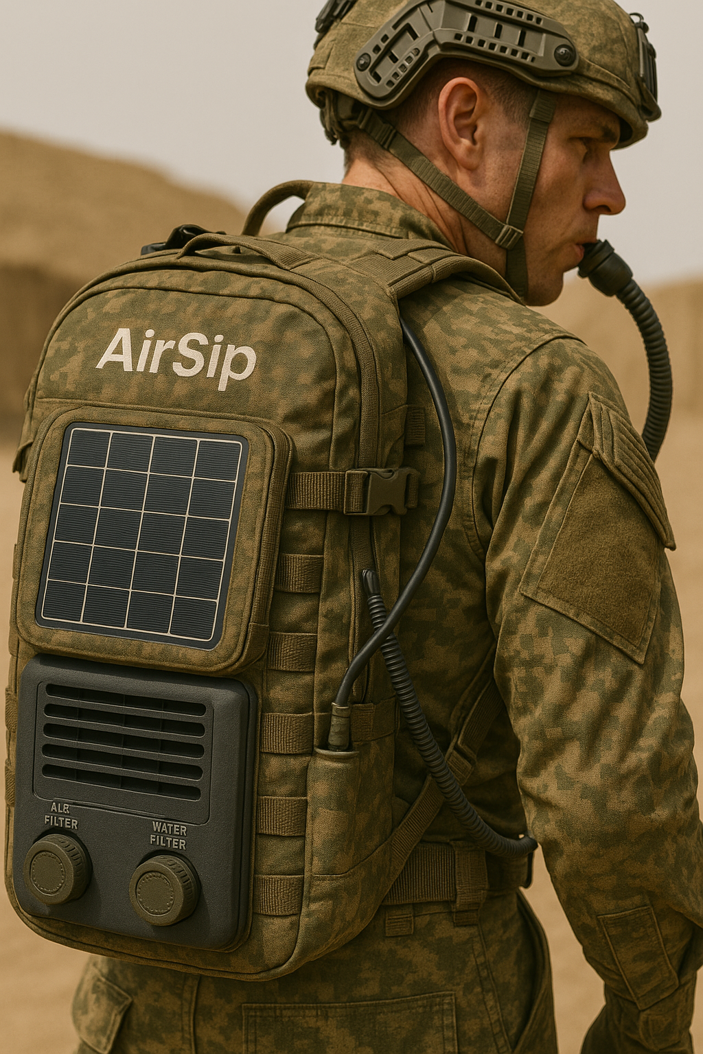 Soldier wearing an AirSip backpack water generator with built-in solar panel and dual air and water filtration system.
