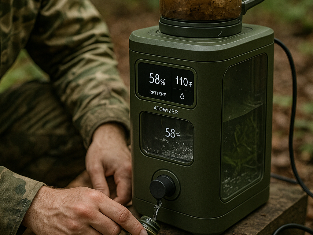 A person in camouflage clothing filling a portable water purifier or filter with water outdoors.