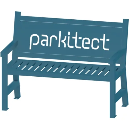 A blue park bench with the word 'parkitect' on the backrest.