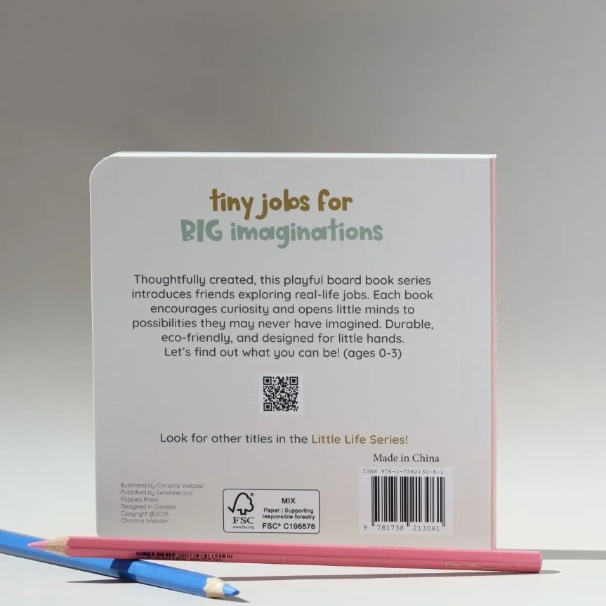 Back cover of a children's educational board book titled 'Tiny jobs for BIG imaginations,' featuring a description of the book series and a QR code, with two colored pencils in front.