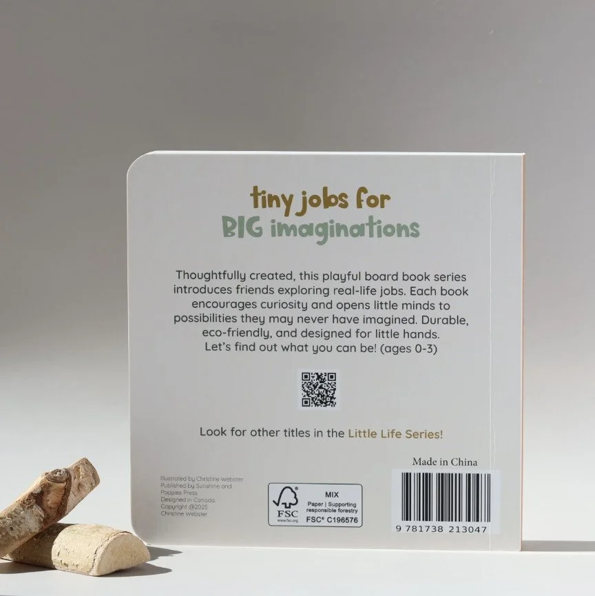 Back of a children's book titled "tiny jobs for BIG imaginations" from the Little Life Series, with a QR code and FSC certification logo, placed on a white surface against a gray background.