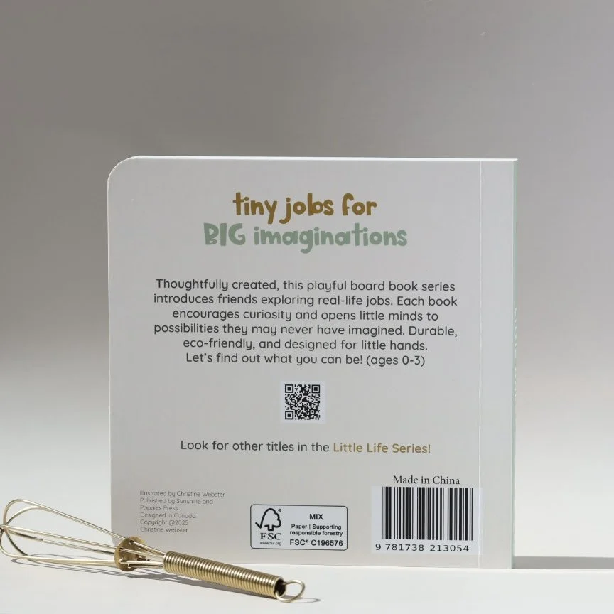 Back side of a children's board book titled "Tiny Jobs for Big Imaginings" by Christine Webster, surrounded by a metallic paperclip and coil.
