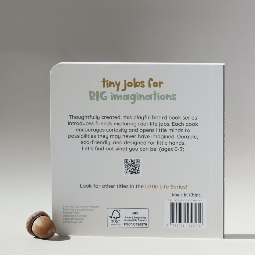 The back of a children's board book titled "Tiny Jobs for Big Imaginings" with a small acorn next to it, against a plain gray background.