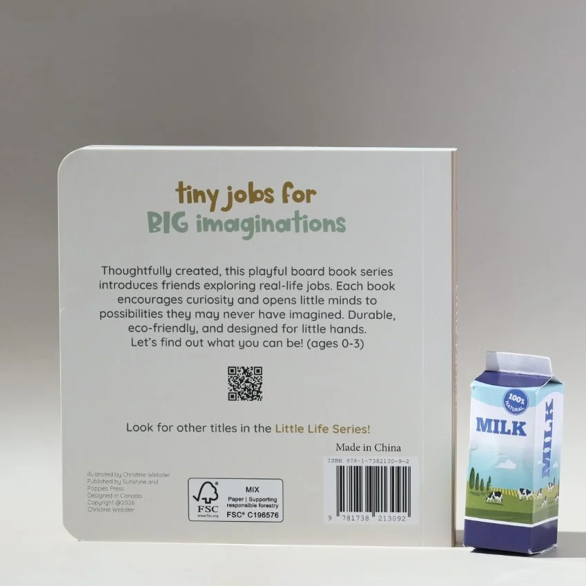 Back cover of a children’s book titled "tiny jobs for BIG imaginations" with a carton of milk next to it.