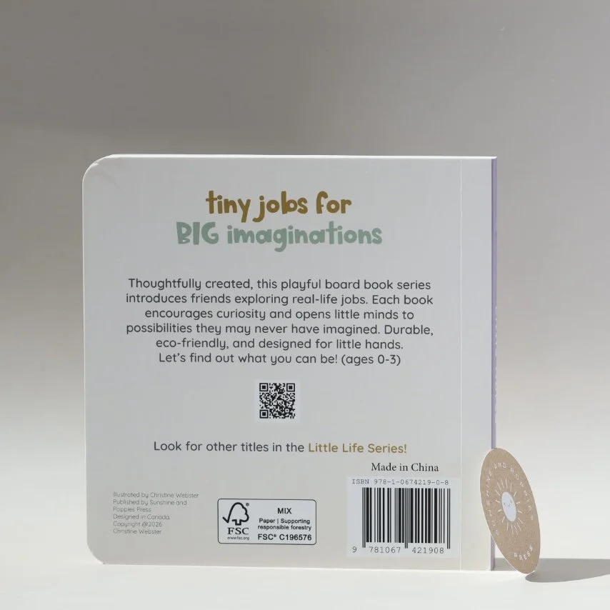 Back cover of a children's board book titled "tiny jobs for BIG imaginations" with a description about exploring real-life jobs, made in China, with a barcode, FSC logo, and a small circular tag on the right side.