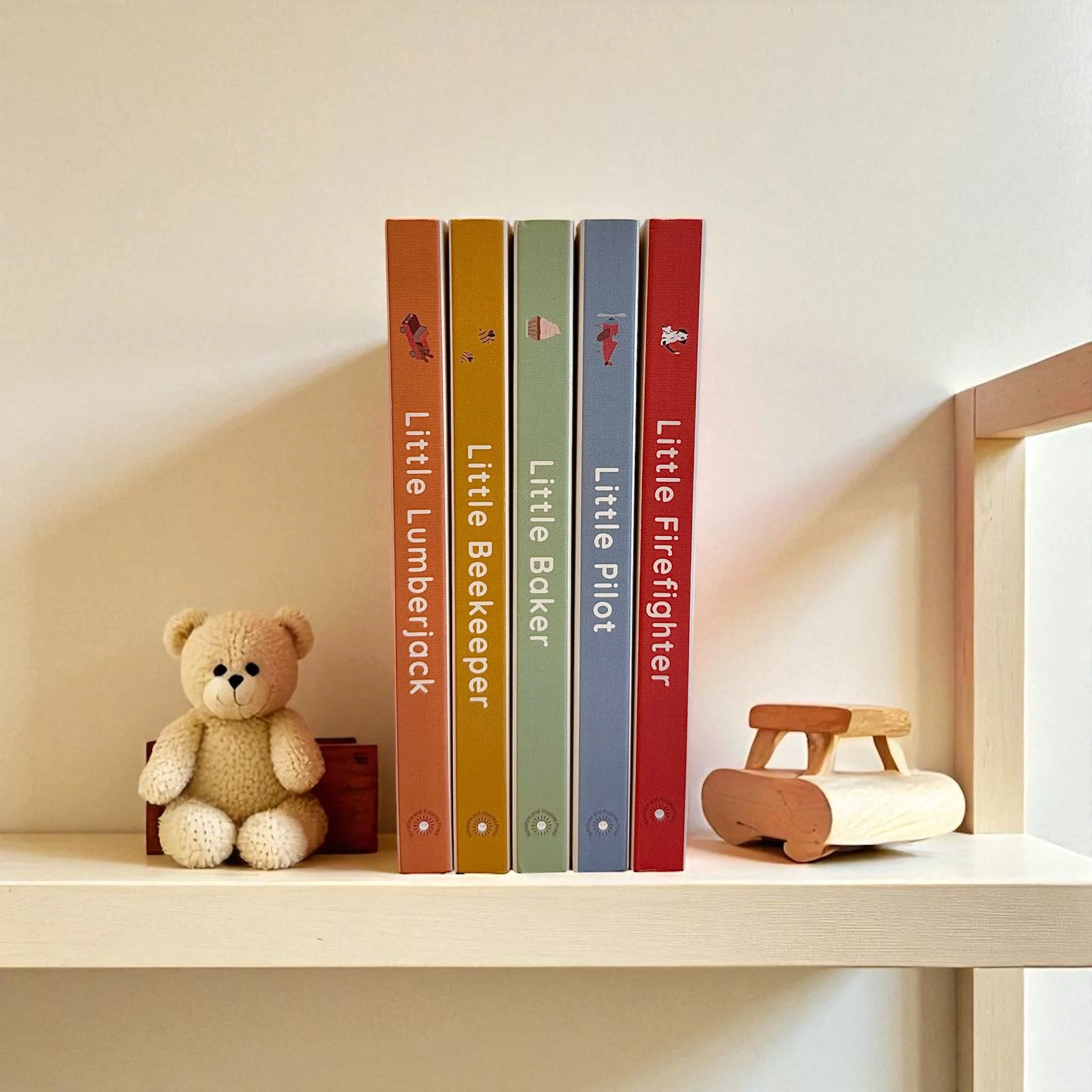 colourful spines of children's board books lined up on a child's bookshelf.