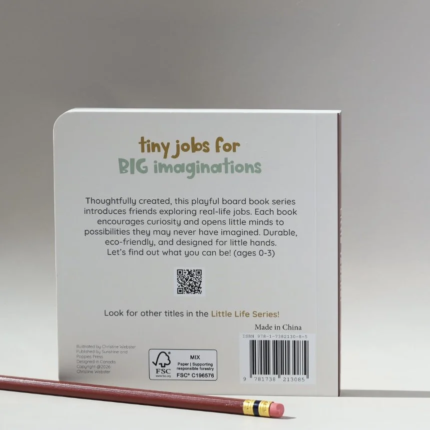 Back of a children's board book titled "tiny jobs for BIG imaginations," with a pink eraser on a yellow and gold decorative band in front.