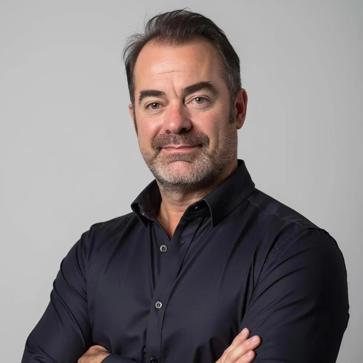 A middle-aged man with dark hair and a beard, wearing a black button-up shirt, standing against a plain gray background.