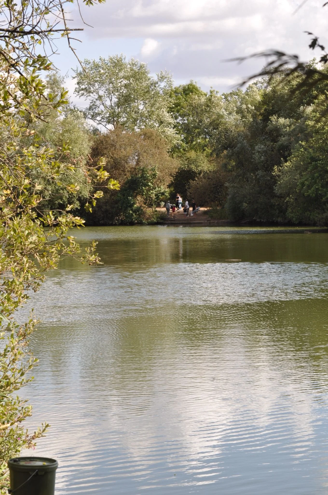 A calm river or pond surrounded by lush green trees with a group of people gathered on the other side of the water, under partly cloudy skies.