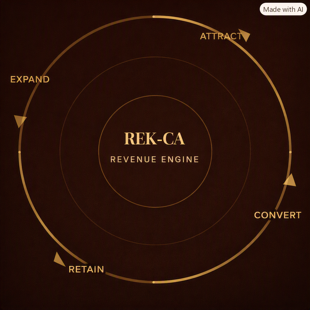 A circular diagram titled 'REK-CA Revenue Engine' with four stages: Attract, Convert, Retain, Expand, arranged clockwise.