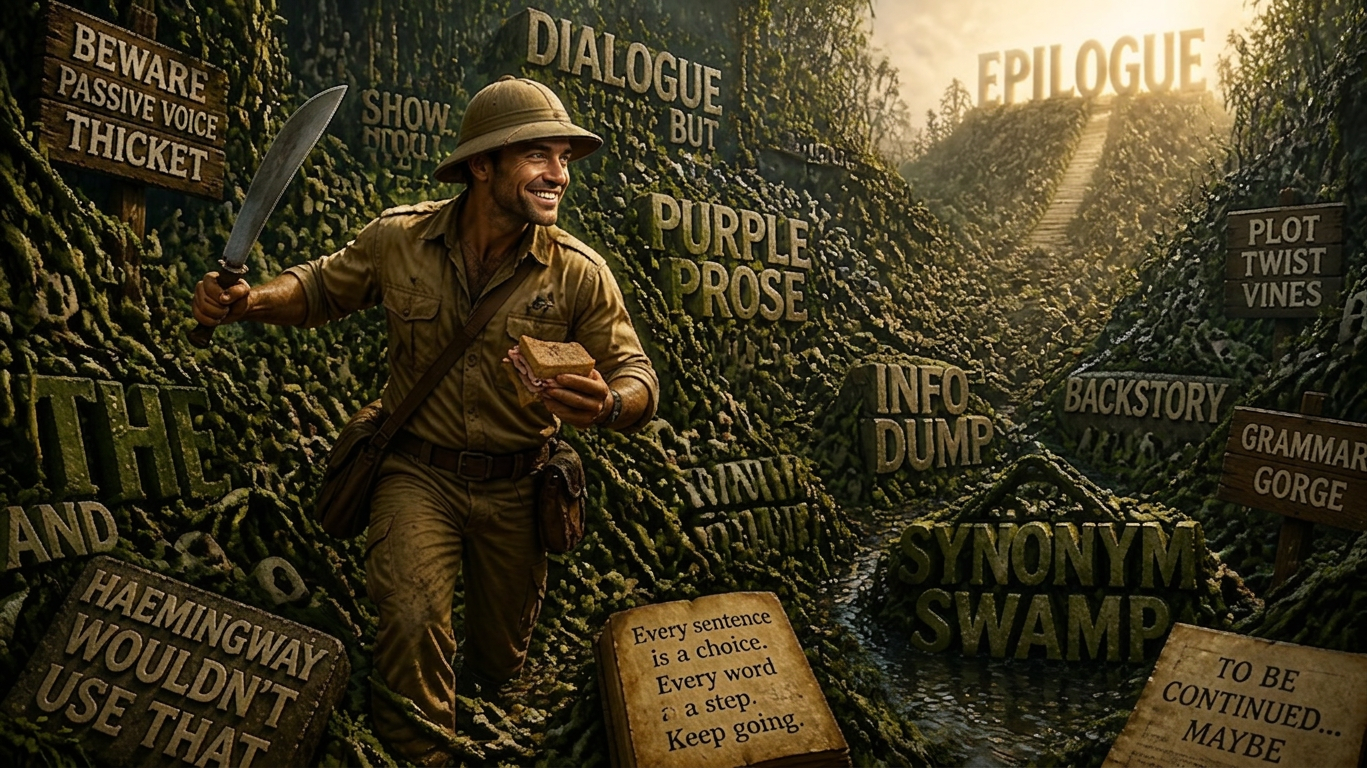 Image of Andrew fighting through a jungle of words to reach the epilogue