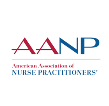 Logo for the American Association of Nurse Practitioners with red and blue text.