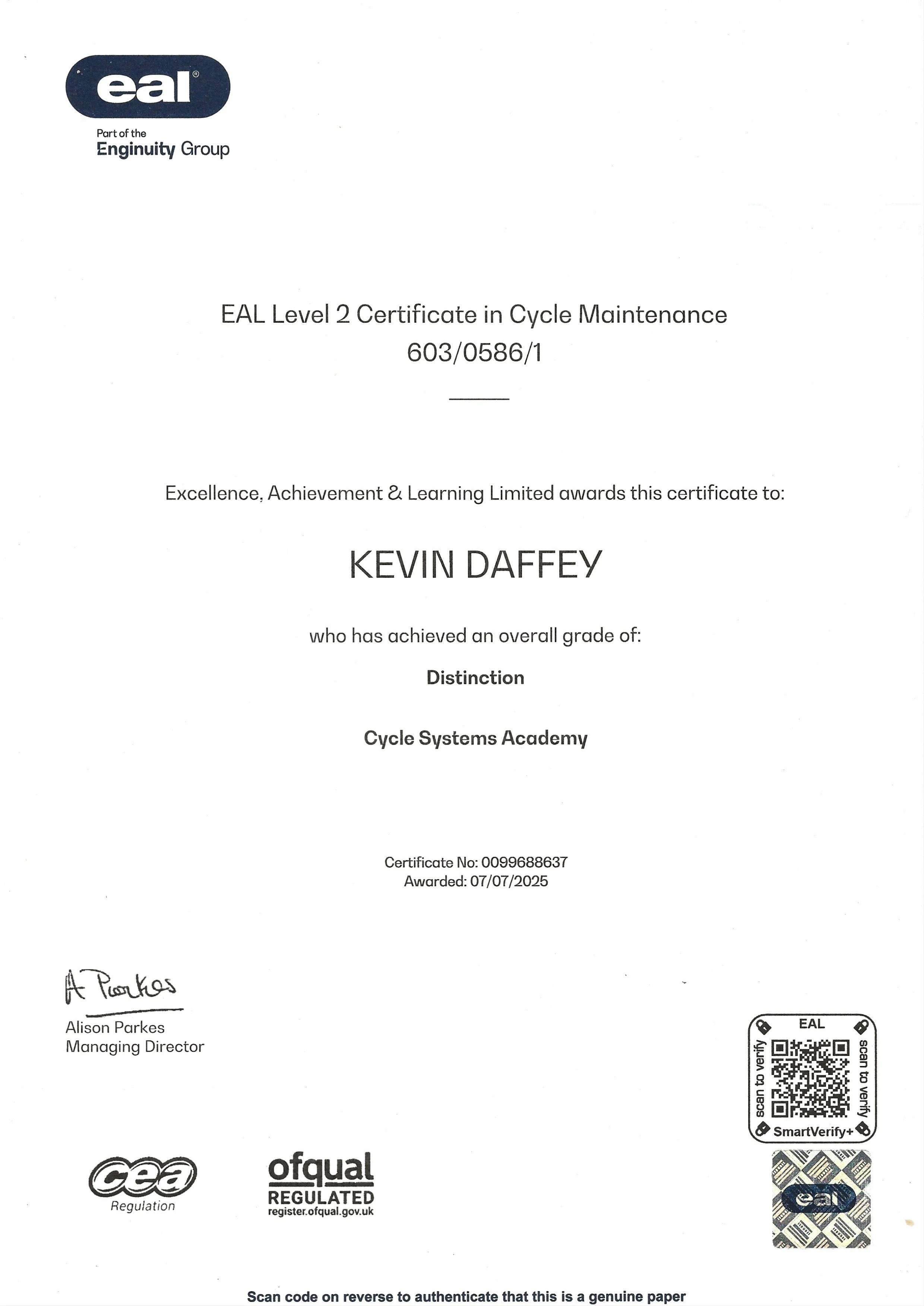 Certificate of completion from EAL for Kevin Daffey in Cycle Maintenance Leve 2, awarded on 07/07/2025, signed by Alison Parkes, Managing Director.