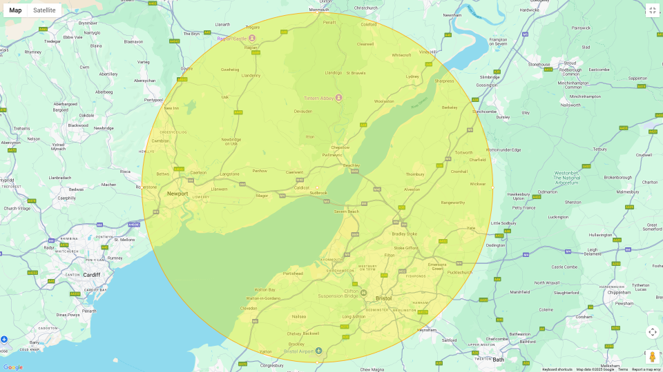 Map showing a yellow circle overlaying the area around Bristol, UK, including towns such as Newport, Cardiff, Newport, and surrounding regions.