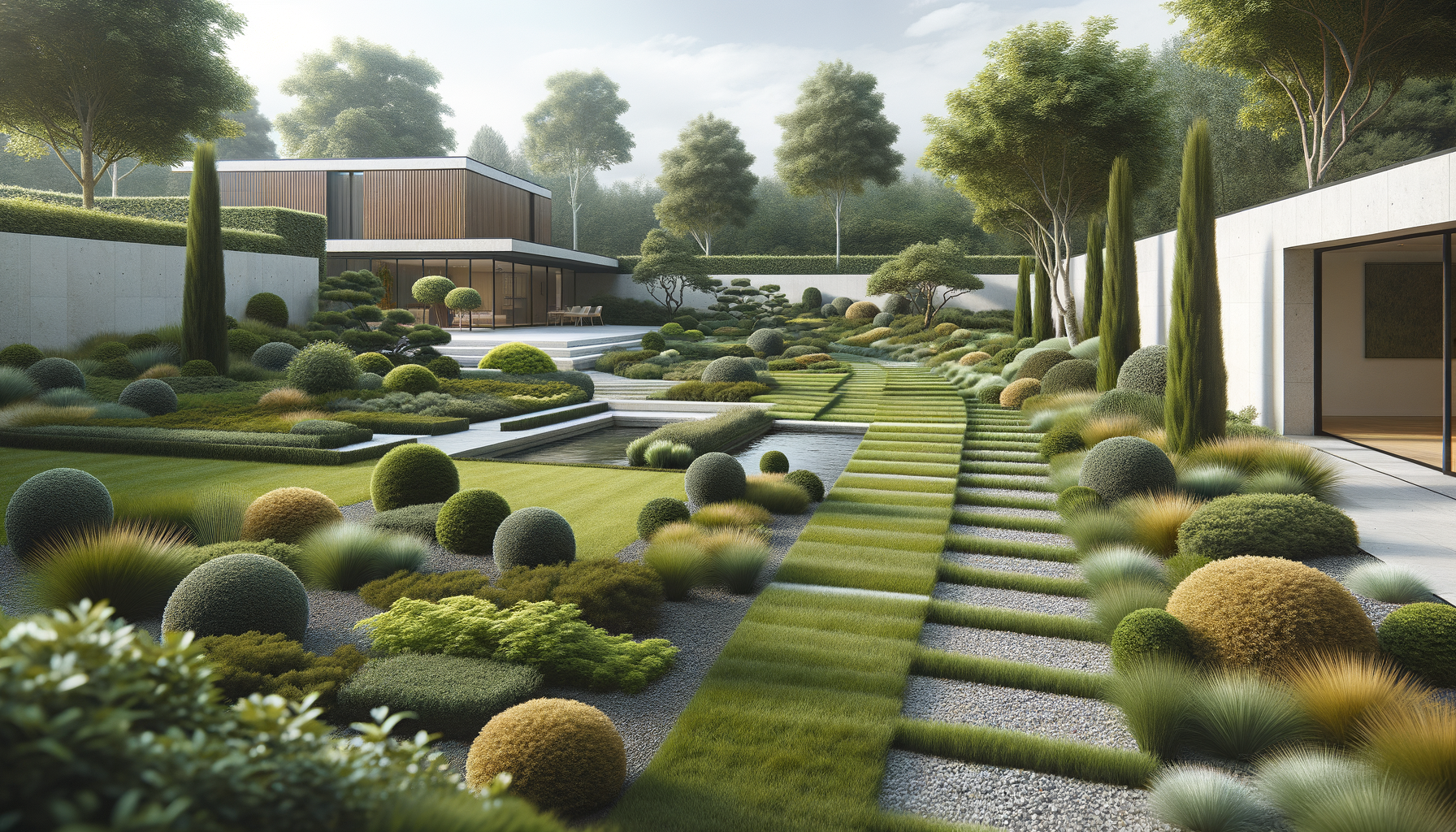 Modern landscaped garden with manicured bushes, trees, a water feature, and a building in the background, on an overcast day.