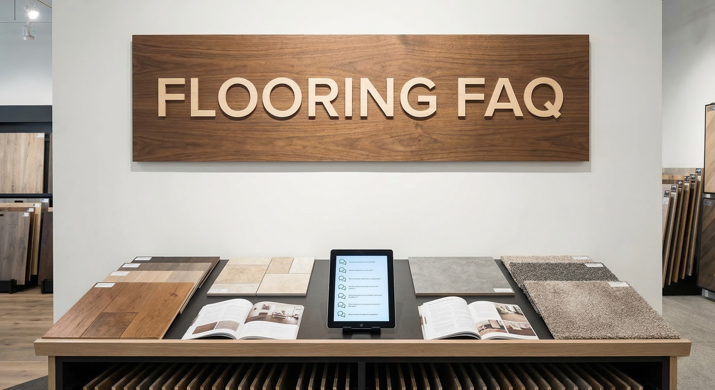 Display table with flooring samples and brochures in a flooring store, with a large wooden sign reading "FLOORING FAQ" on the wall above.