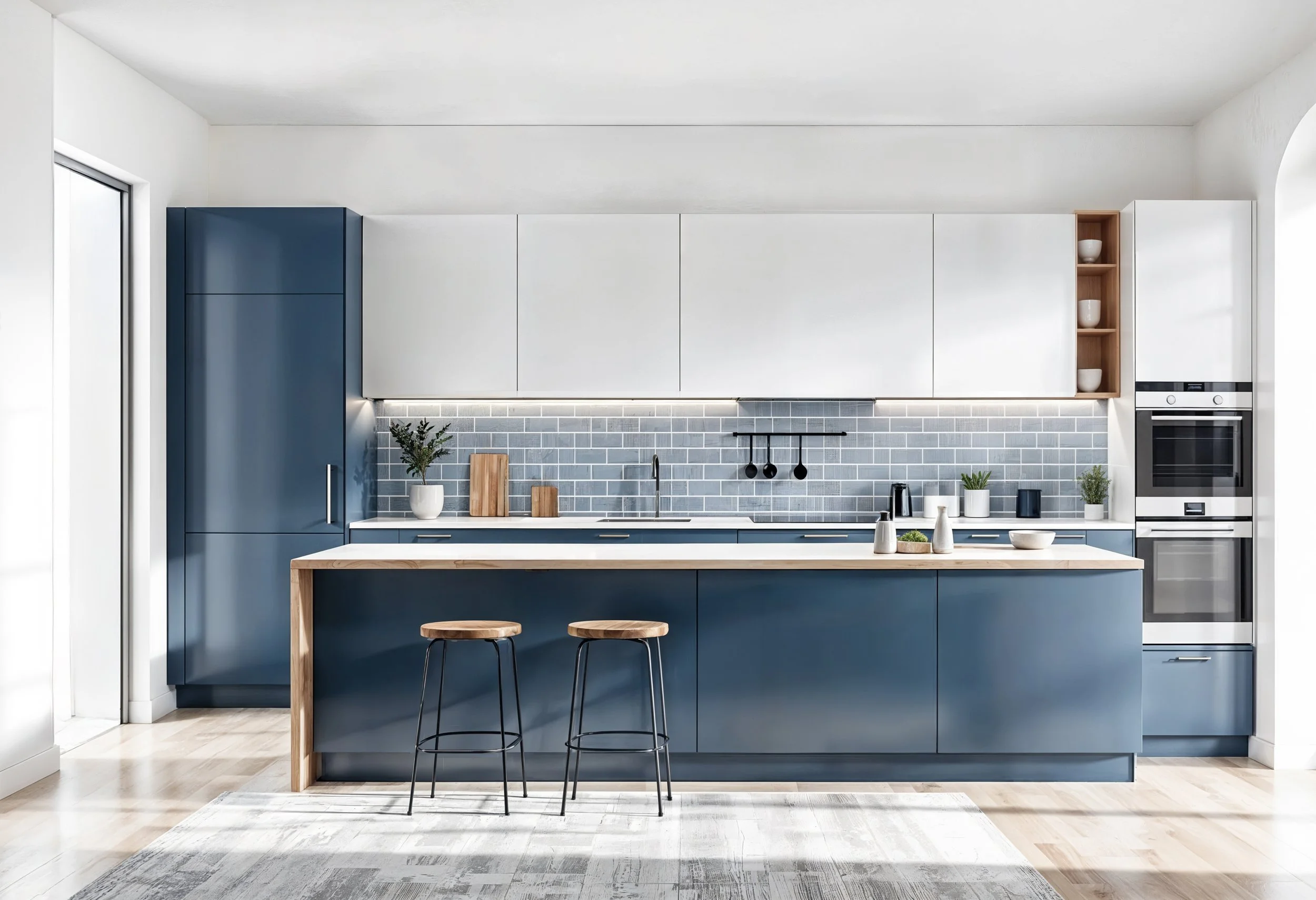 Modern kitchen with blue lower cabinets, white upper cabinets, gray tile backsplash, wooden countertop on island with two stools, and stainless steel appliances.