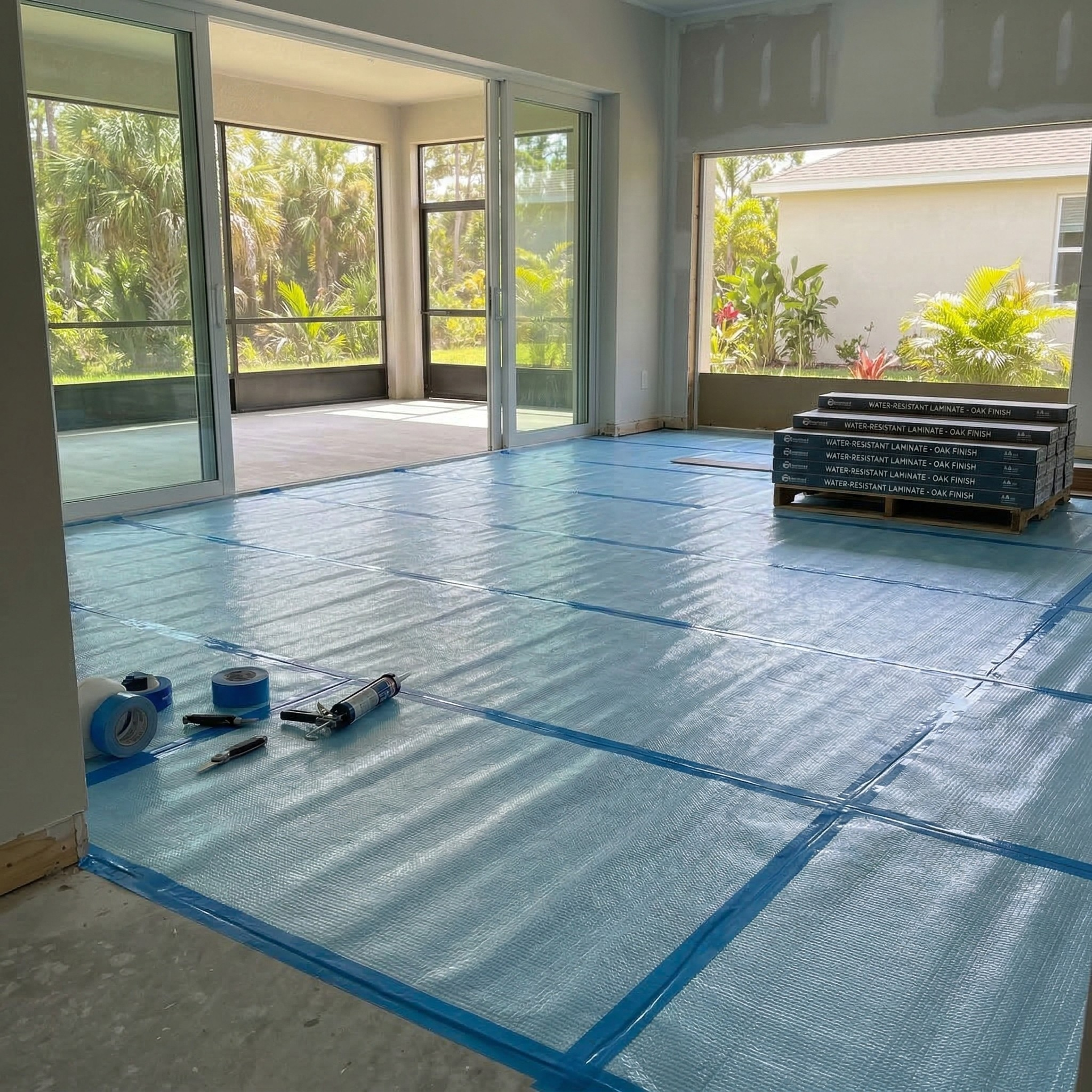 Empty room under construction with blue waterproof flooring, windows showing lush greenery outside, and stacked boxes of waterproof laminate flooring.