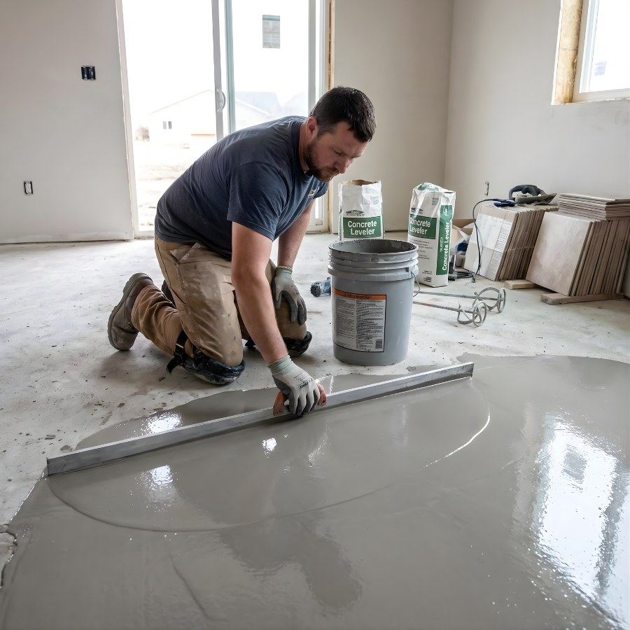 A man kneeling on a concrete floor, smoothing a wet concrete slab with a tool inside a room under construction, with construction supplies in the background.
