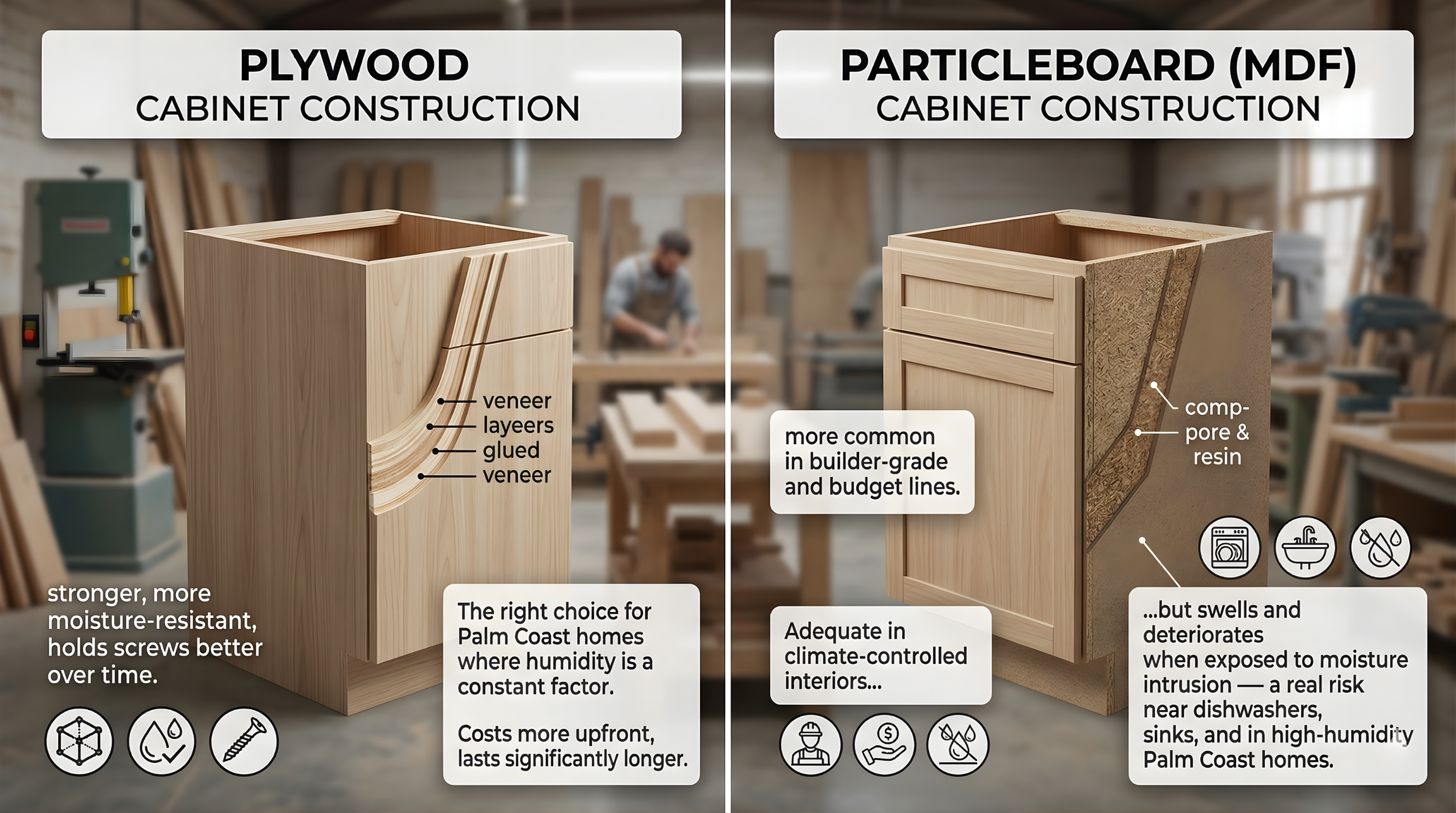 Comparison of cabinet construction materials: Plywood and particleboard (MDF). The plywood cabinet is shown with layers, veneer, and glued edges, noted as a stronger, more moisture-resistant option suitable for humid regions like Palm Coast. The particleboard cabinet shows exposed core, resin, and swelling and deterioration risks when exposed to moisture, making it less ideal for humid environments.