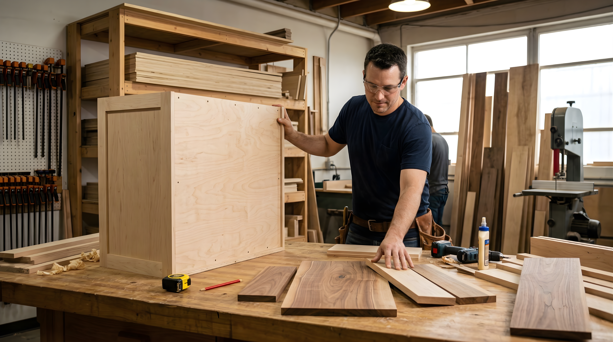 A man working with wood in a woodworking shop, assembling a piece of furniture while surrounded by woodworking tools and wood panels.