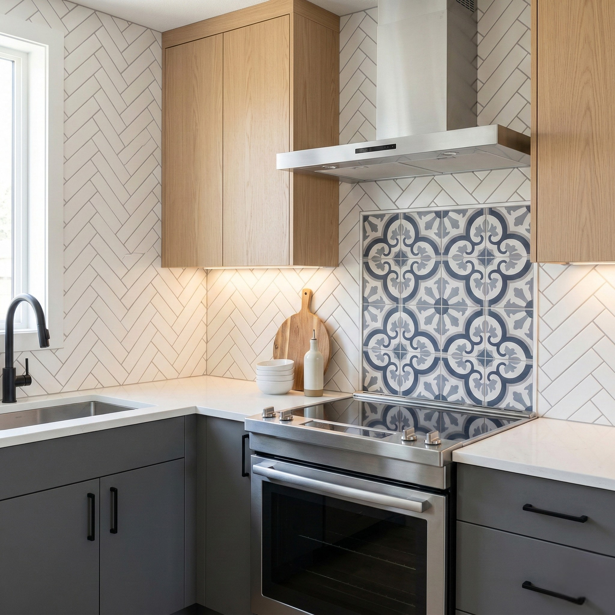 kitchen backsplash tile Palm Coast FL — grout lines close-up — Herrinbone and Pattern tile — detail shot