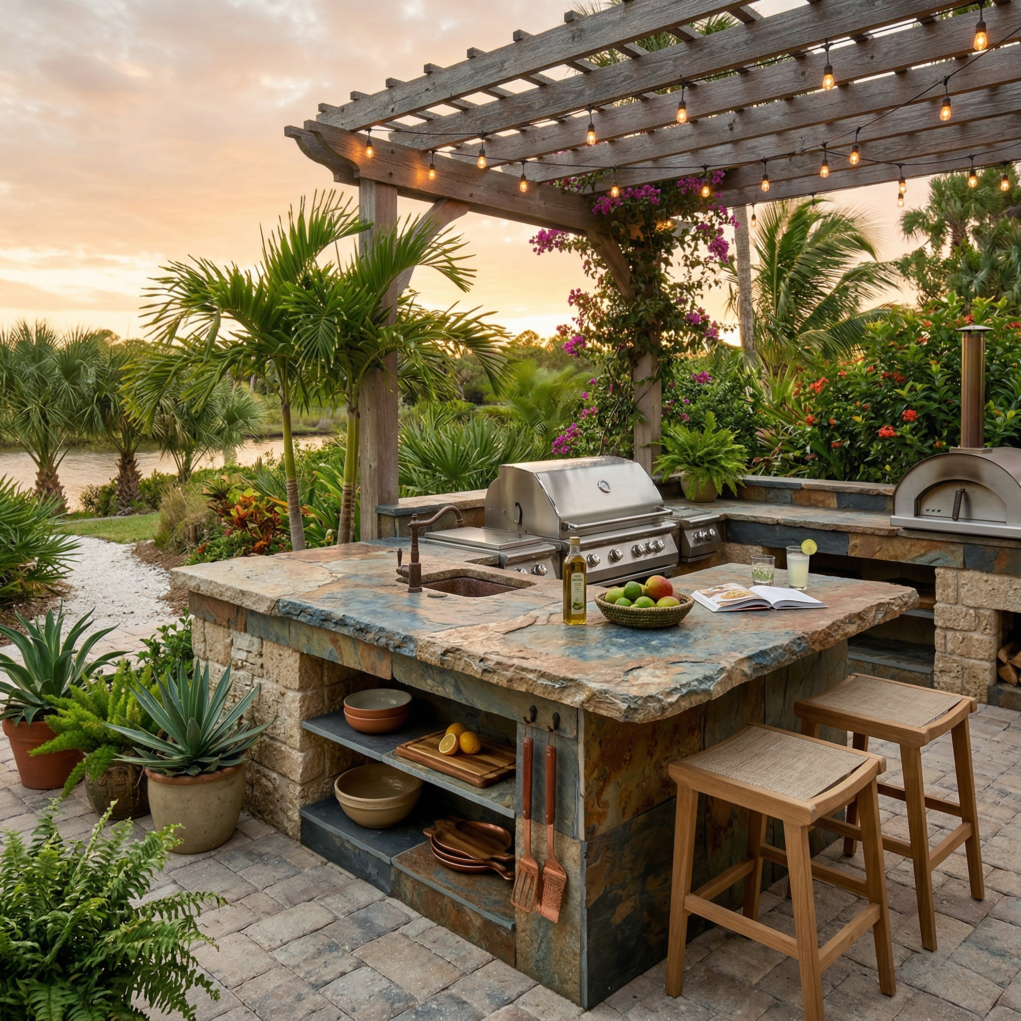 outdoor kitchen tile Palm Coast FL — grill surround tile — heat rated — detail shot