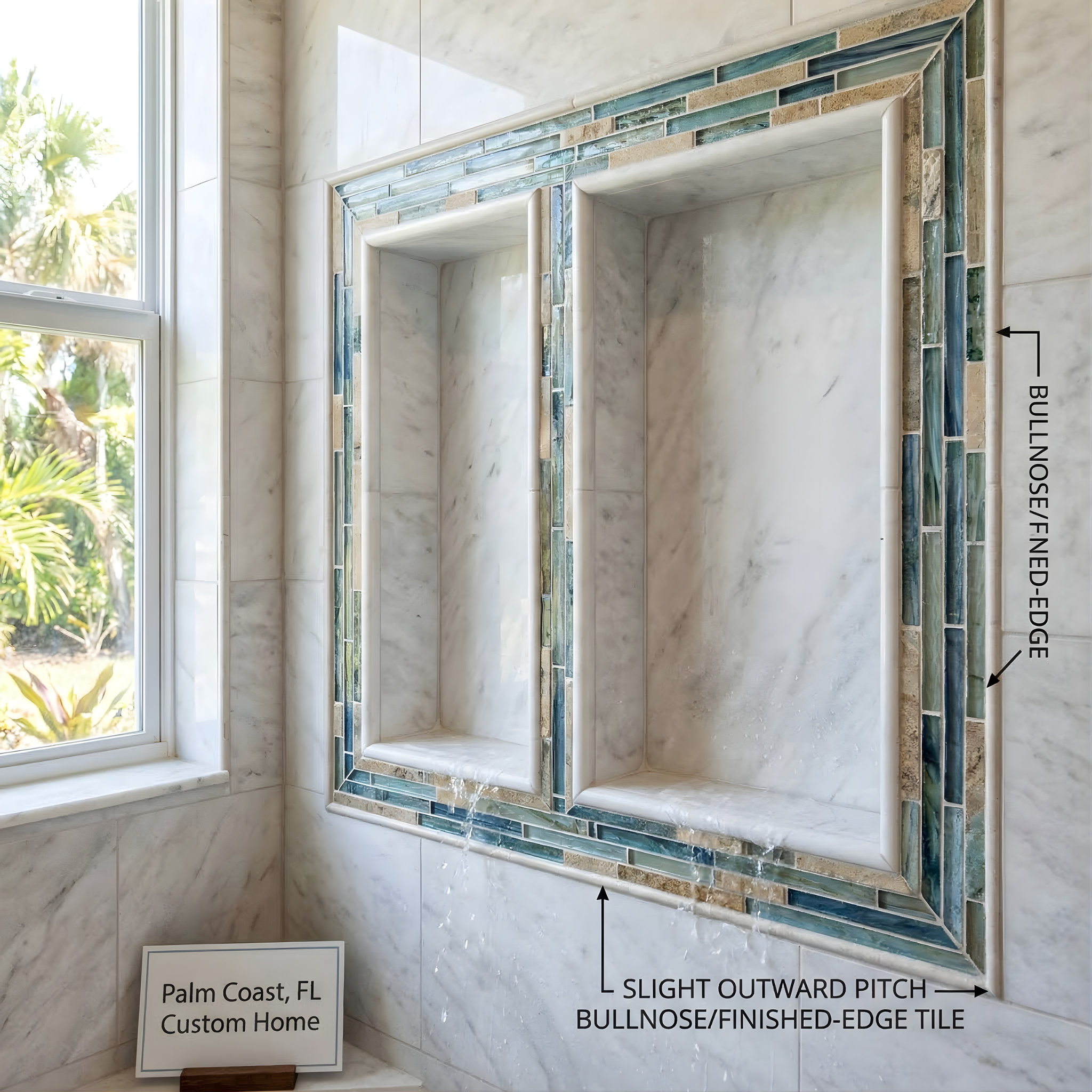 Interior view of a custom bathroom shower with built-in niches, surrounded by marble tiles, with a window showing palm trees outside.