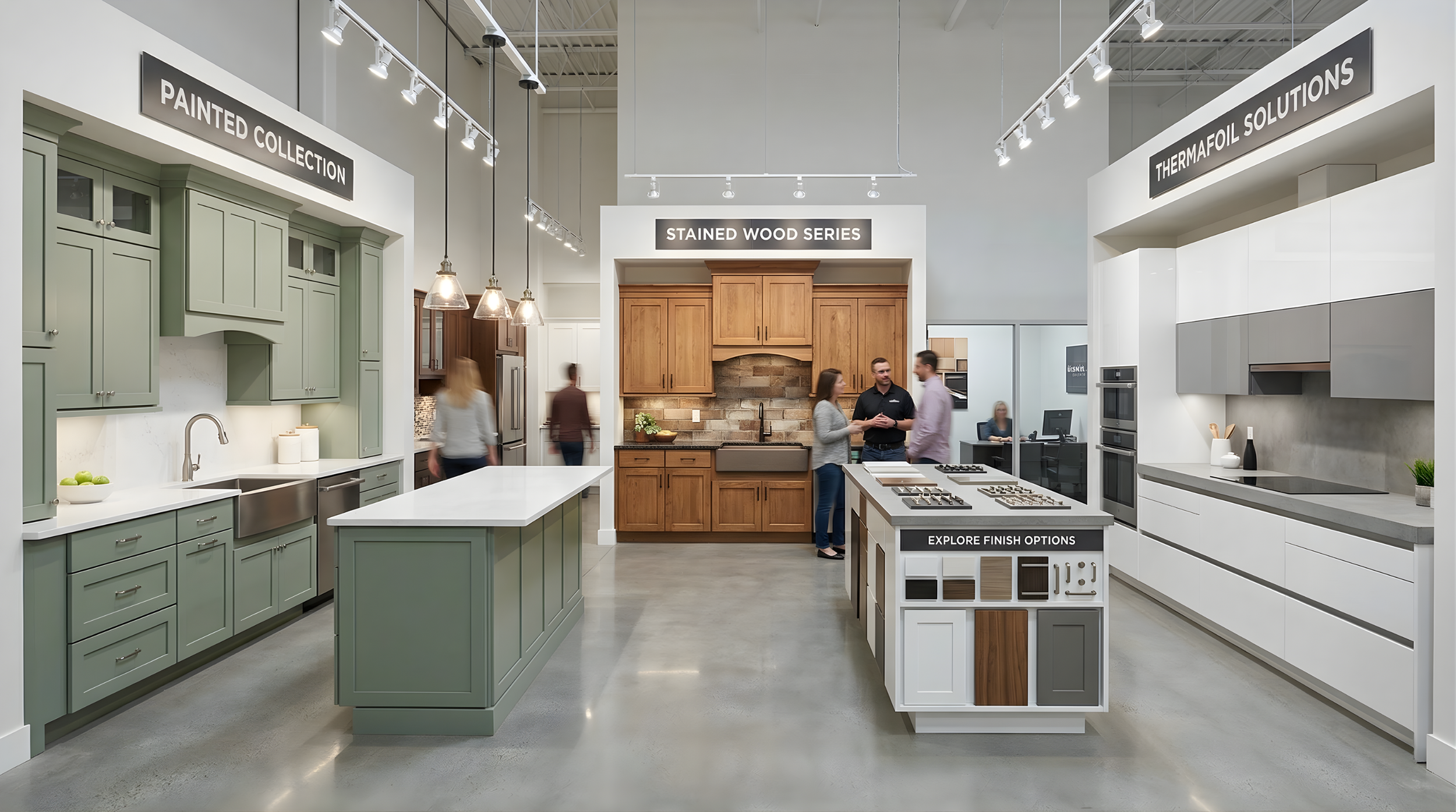 Kitchen showroom displaying various cabinets and finishes with signs indicating categories like painted collection, stained wood series, and Thermofoil solutions. Several people are browsing and talking.