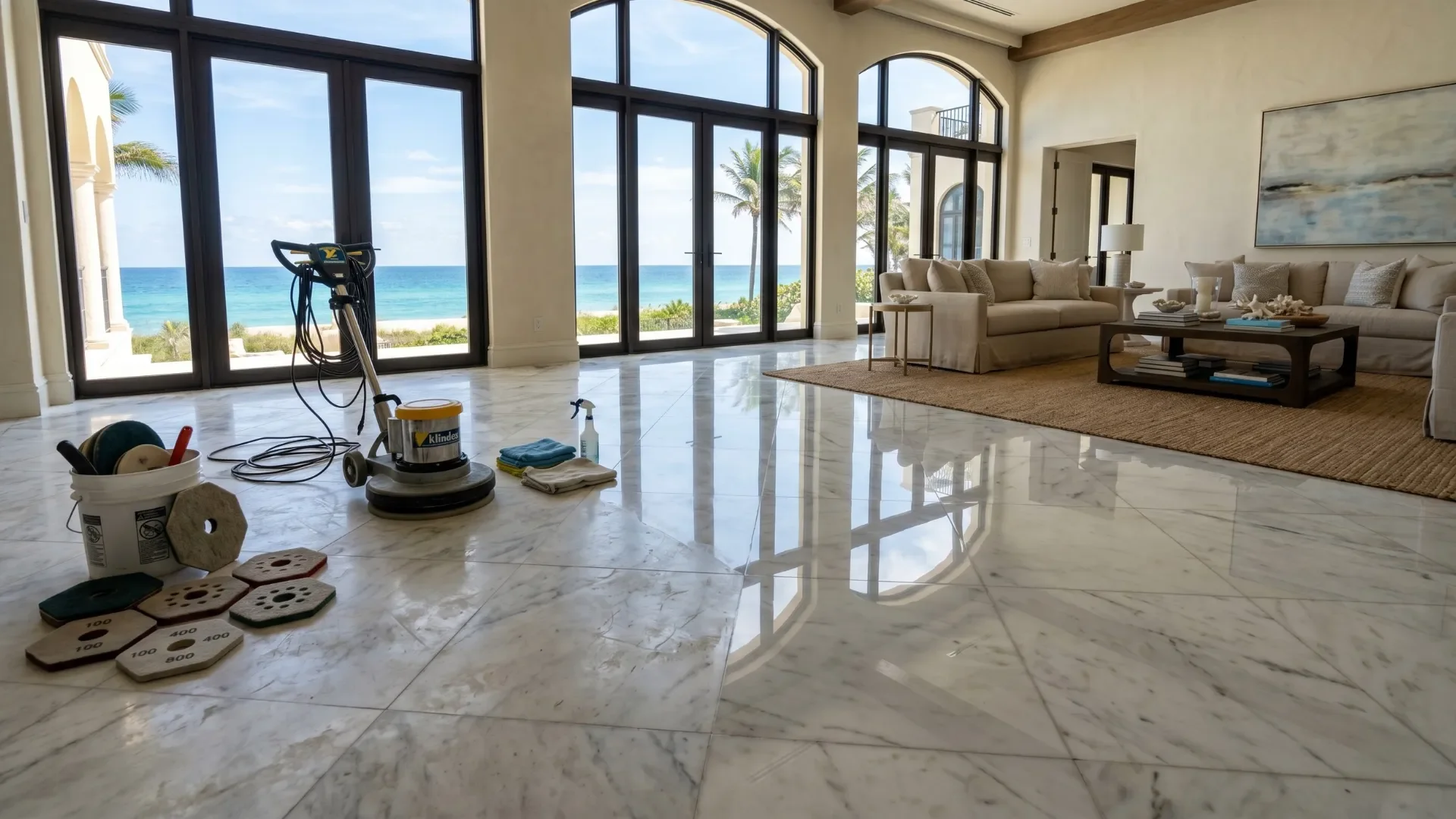 Before and after marble floor restoration — left side shows dull, etched marble before service, right side shows glossy polished marble after correction, leveling, and sealing — Palm Coast FL