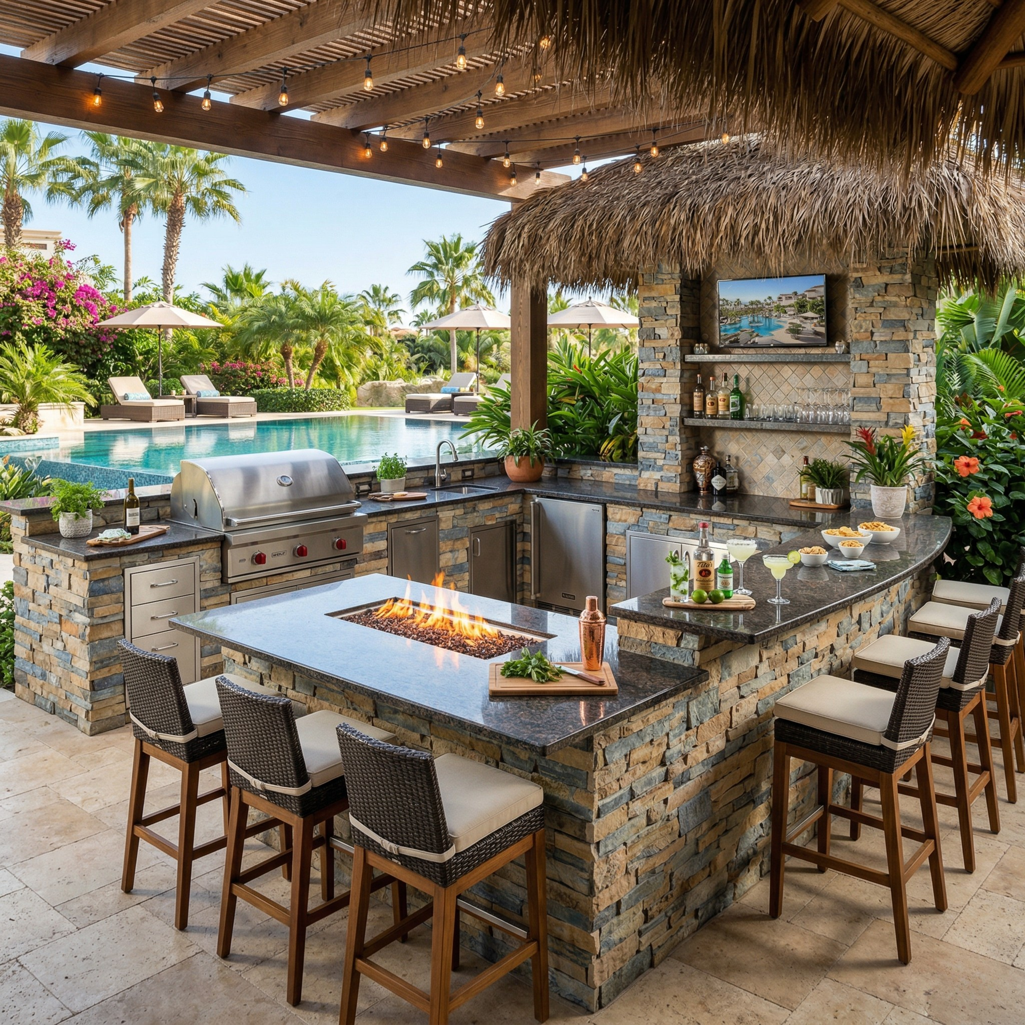 outdoor kitchen stone Palm Coast FL — stacked stone veneer island — completed — wide shot