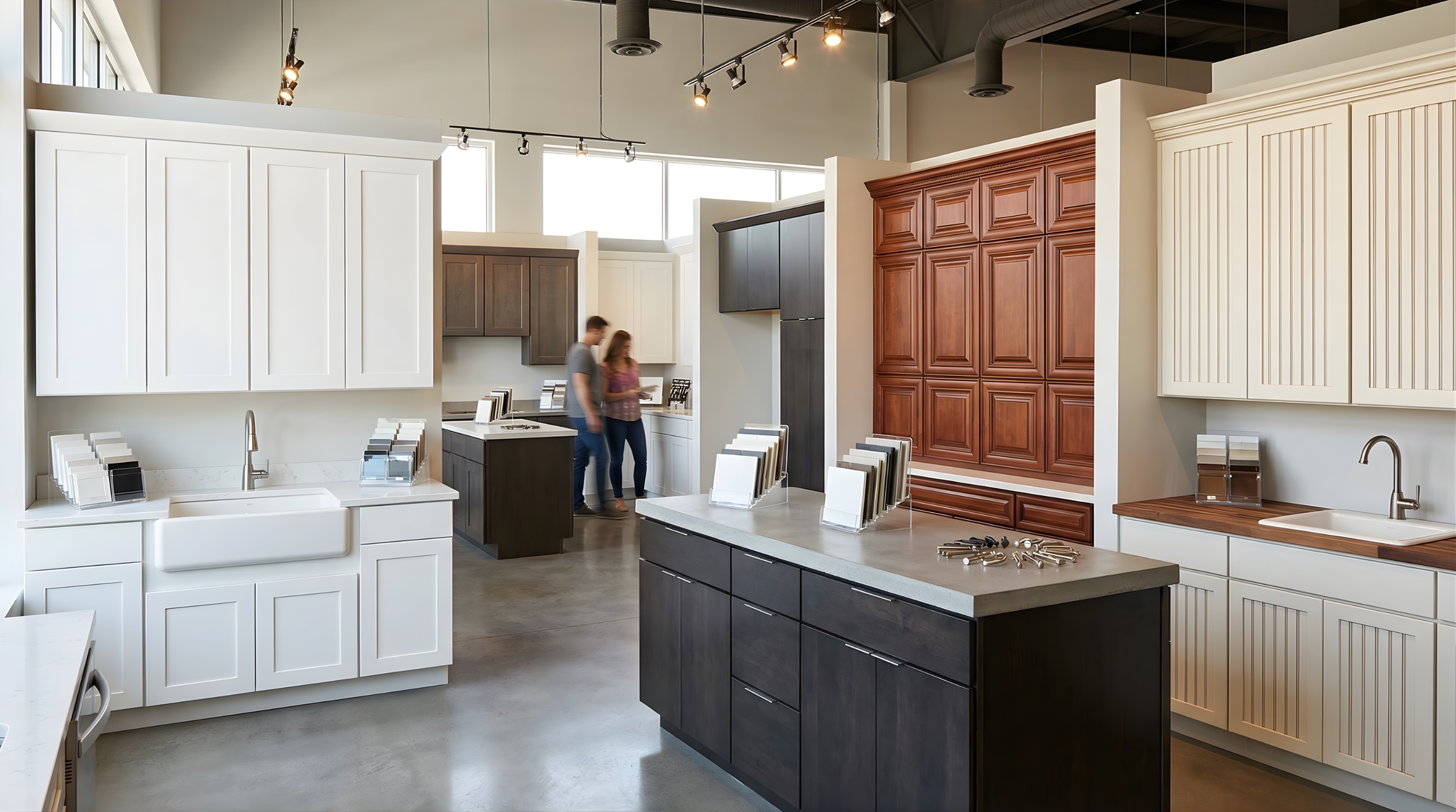 Showroom displaying various kitchen cabinet styles and colors with two people examining the options.