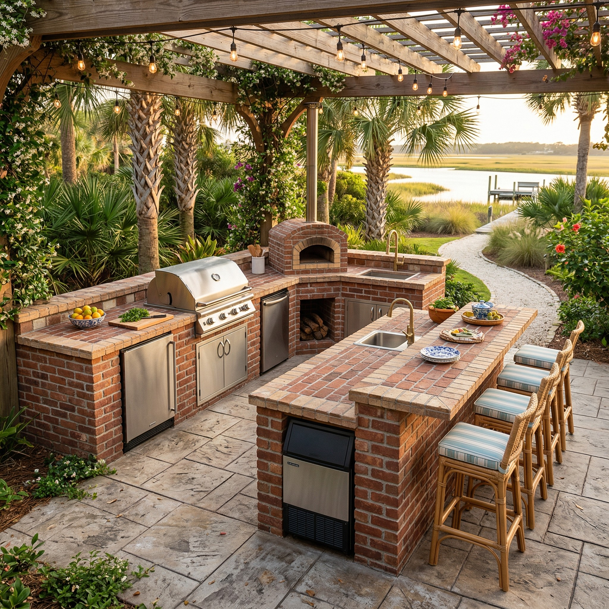 outdoor kitchen stone Palm Coast FL — full outdoor living space — kitchen patio pool deck