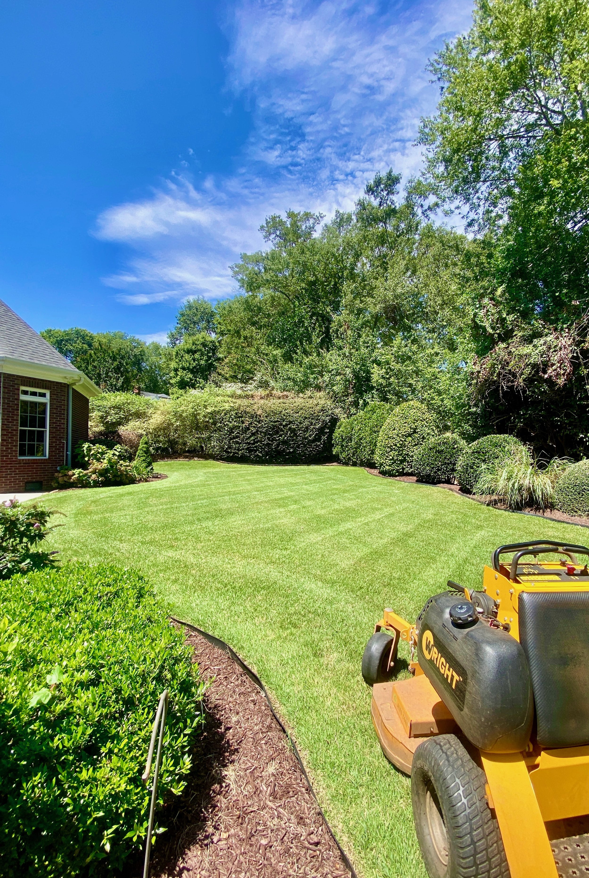 A well-maintained backyard with a lush green lawn, shrubs, and trees under a bright blue sky with some clouds. A yellow lawn mower is in the foreground on the right side.