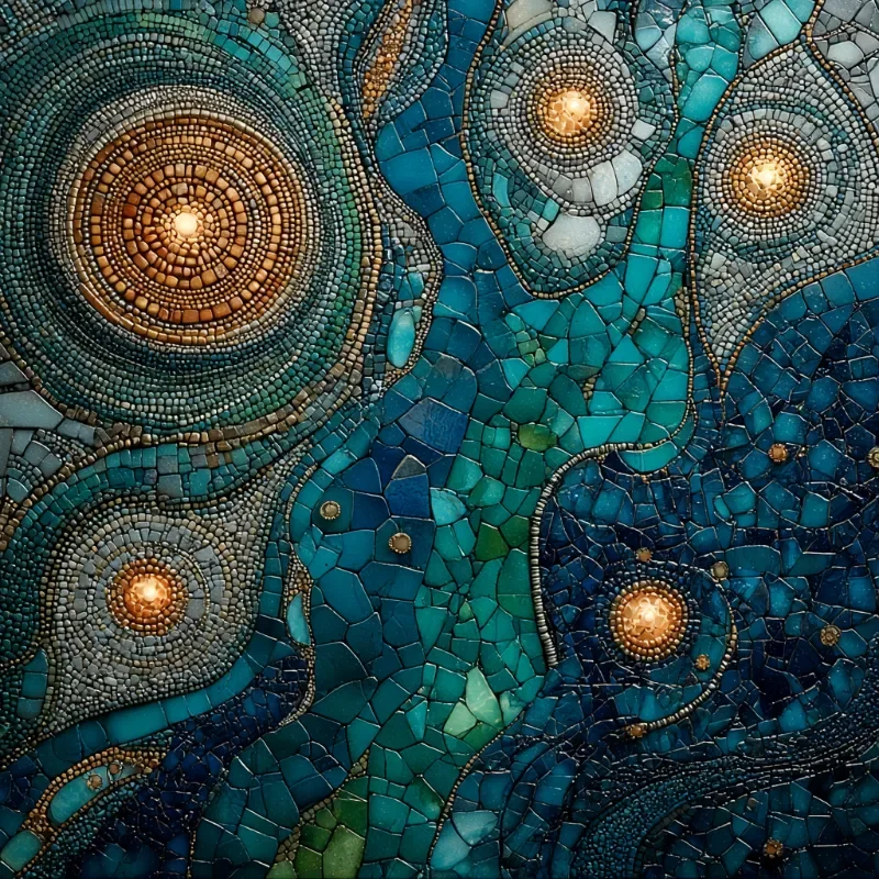 A colorful mosaic made of small tiles and beads featuring abstract swirling patterns in shades of blue, green, gold, and bronze.