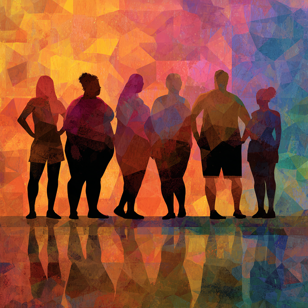 Silhouettes of six diverse people standing against a vibrant, abstract, colorful background with a reflective surface below.