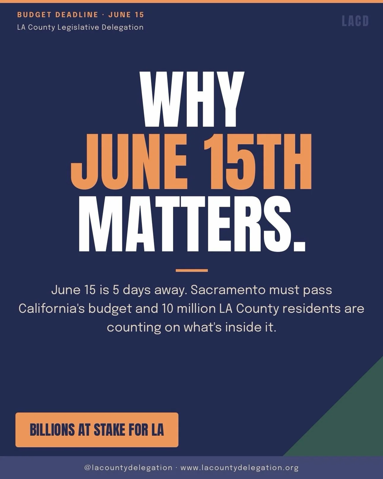⚠️ June 15th is almost here. Billions are on the line for LA County.

Sacramento has a constitutional deadline to pass California&rsquo;s budget by June 15. 

The LA County Legislative Delegation is demanding the State deliver on what LA County famil