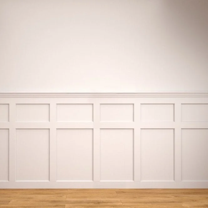 Empty white wall with wood paneling and baseboard in a room.