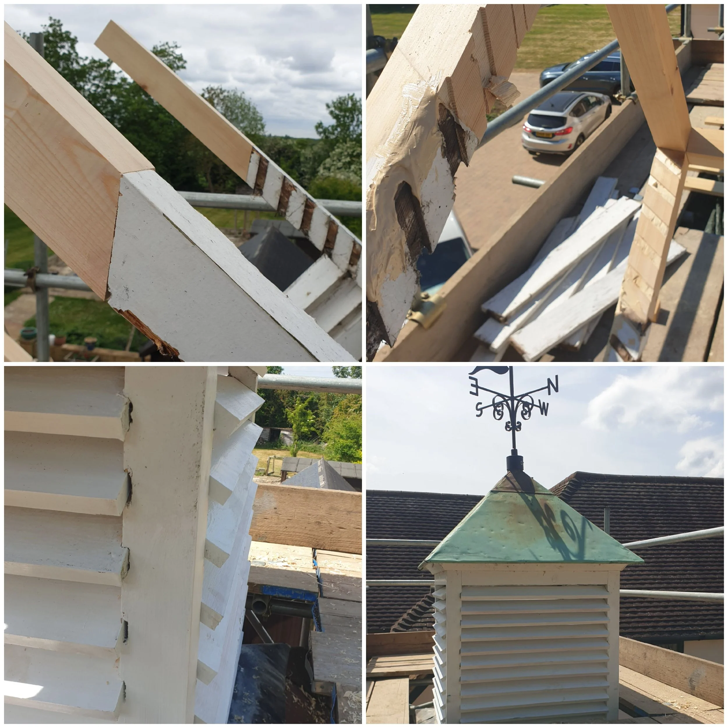 Photos of a house under construction showing wooden framework, painted and unpainted wood, and a weather vane on the roof.
