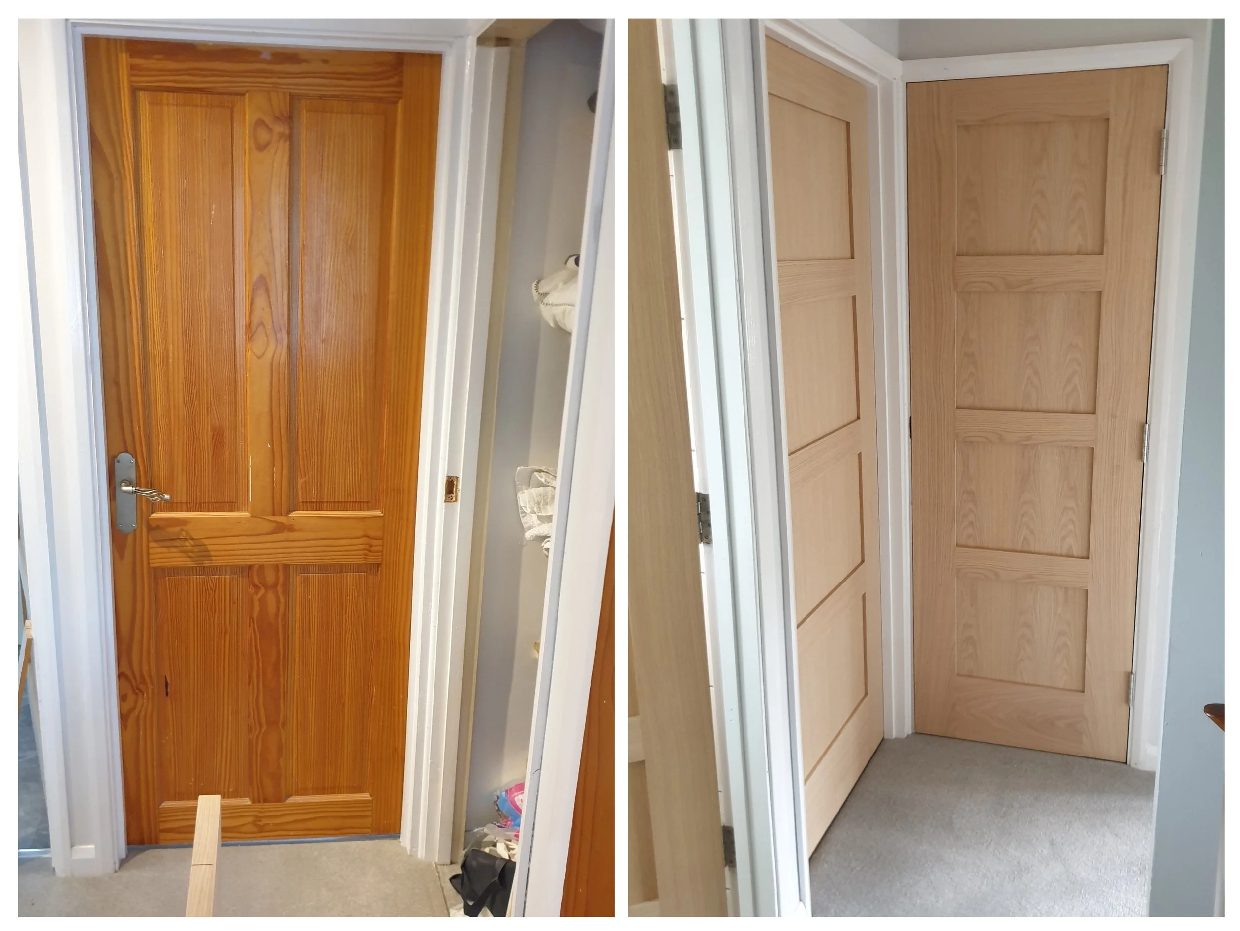 Comparison of two wooden interior doors, one on the left with a darker stain and one on the right with lighter natural finish, both framed by white door casings.