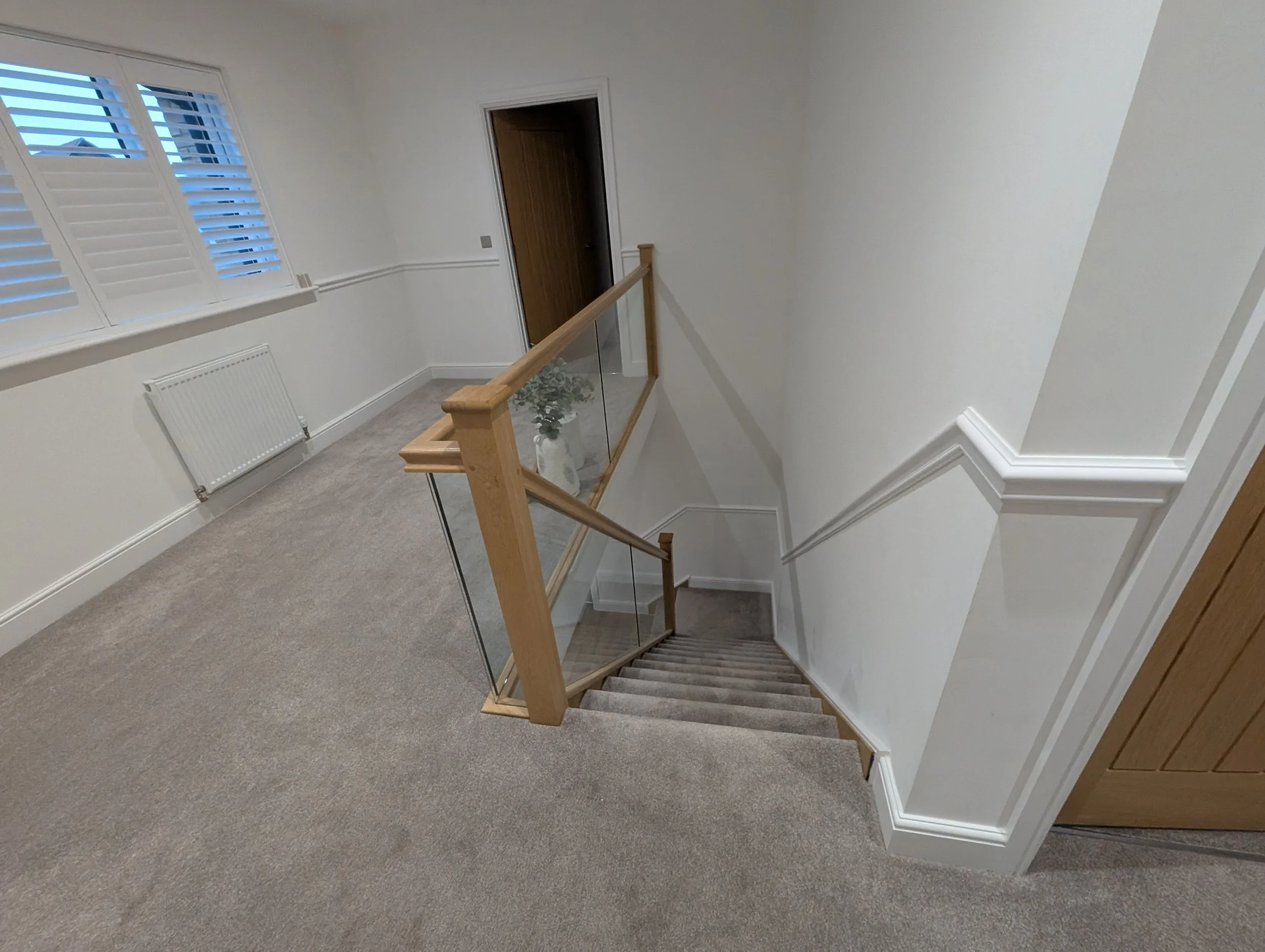 View of a carpeted staircase with a wooden handrail and glass panels, leading down to a lower level with a white wall and a potted plant, next to a door in a residential hallway.