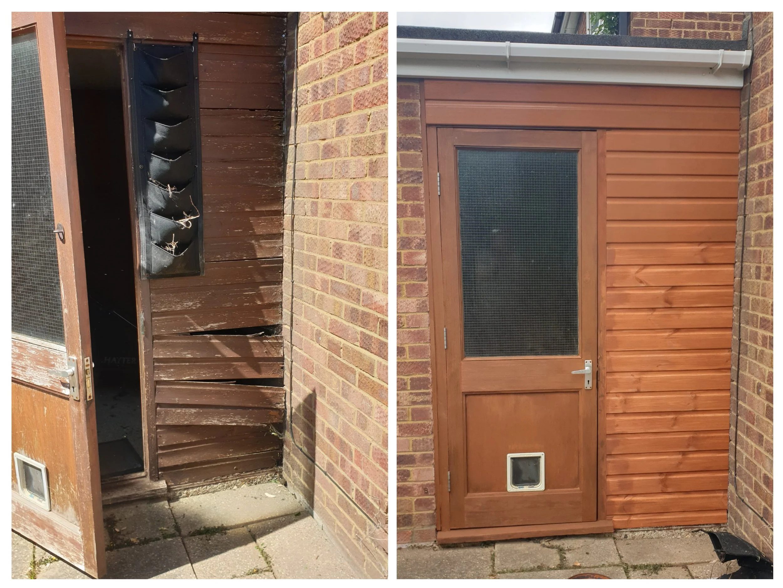 Comparison of a deteriorated wooden shed door frame on the left and a renovated wooden door with a pig flap on the right, attached to a brick wall.
