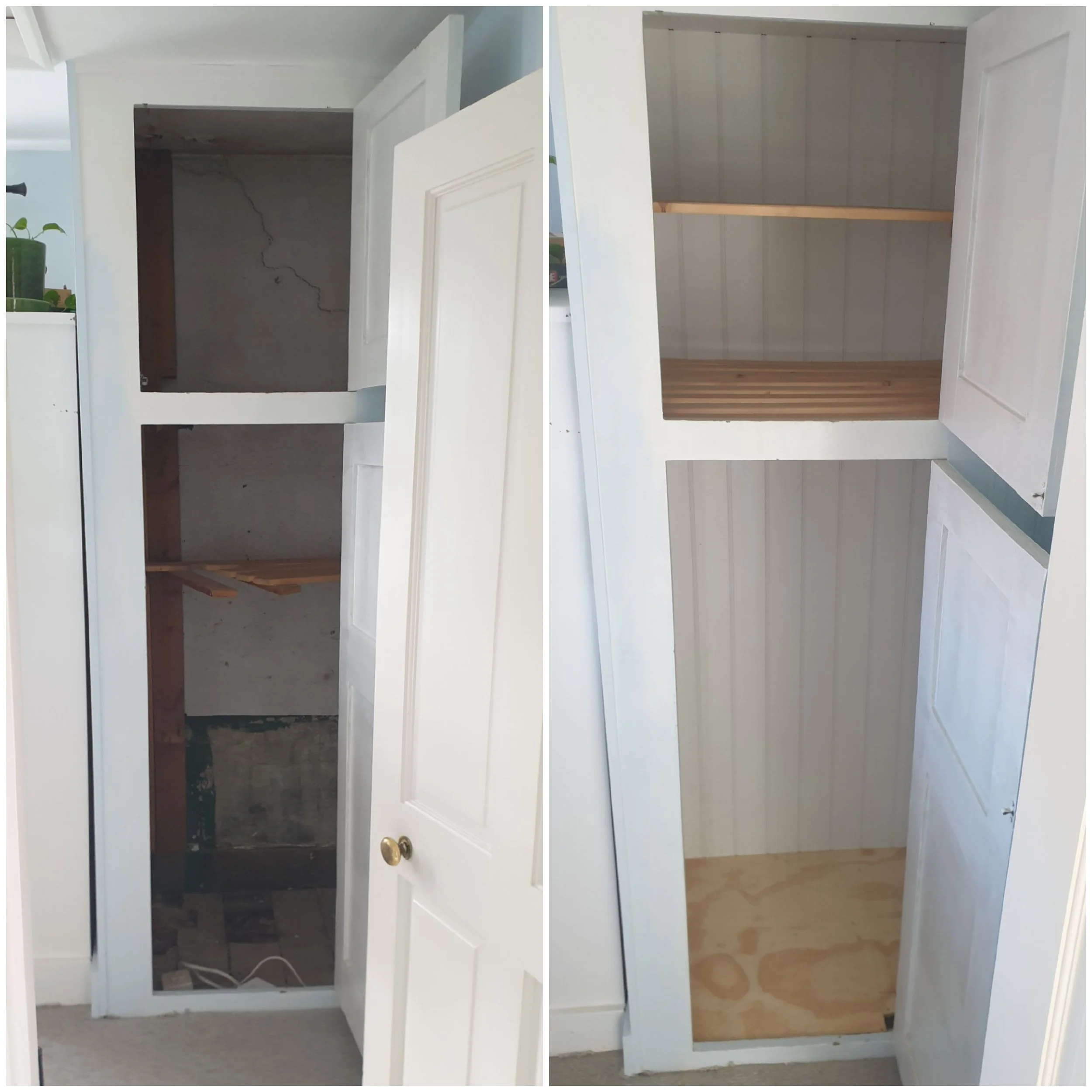Before and after images of a small white wooden cabinet with two shelves, showing renovation progress from an unfinished state to a painted and finished interior with wooden flooring.
