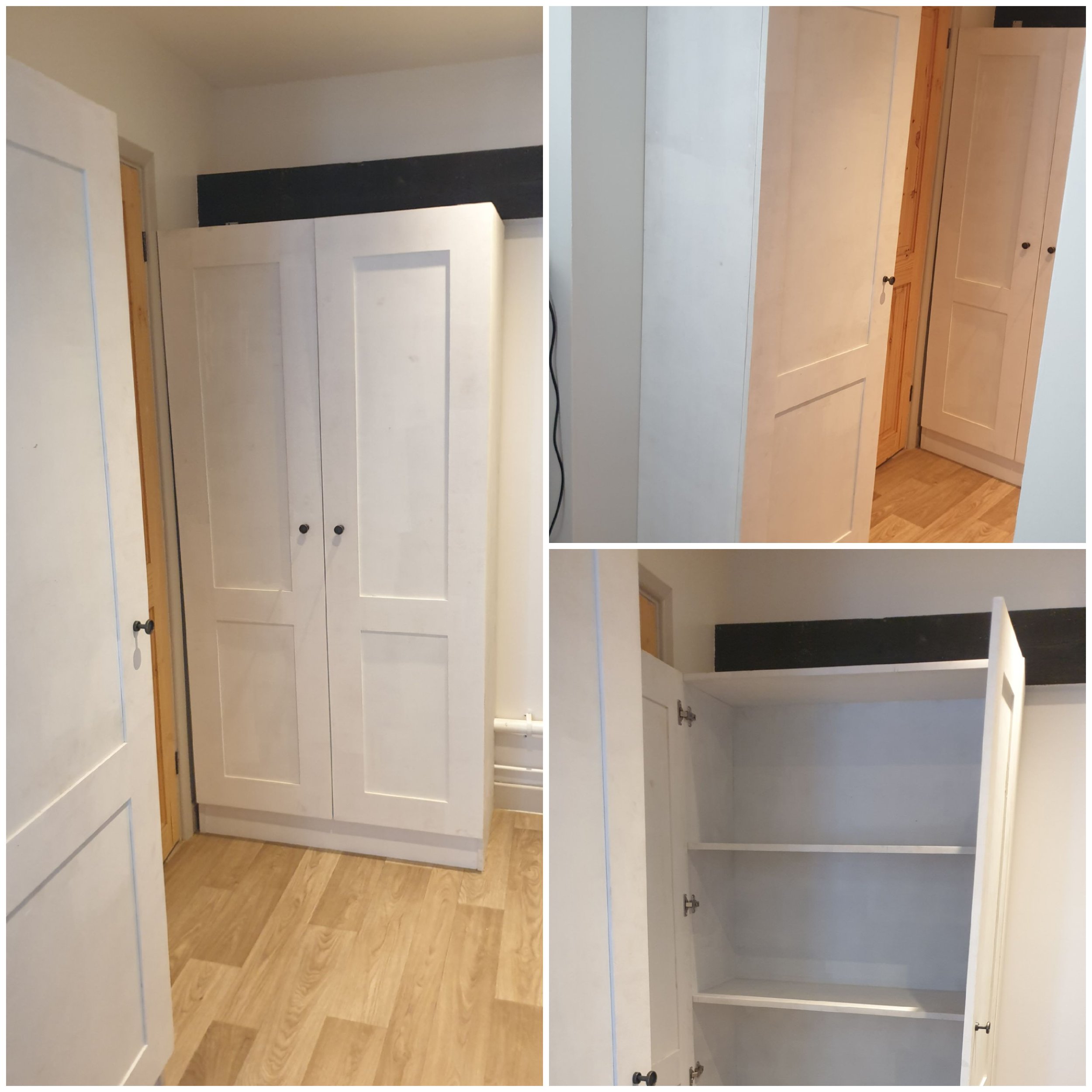 A collage of three photos showing a white wooden cabinet, its interior, and its closed and open views. The cabinet has two doors with knobs, and is placed indoors on a wooden floor, against white walls with black horizontal accents.