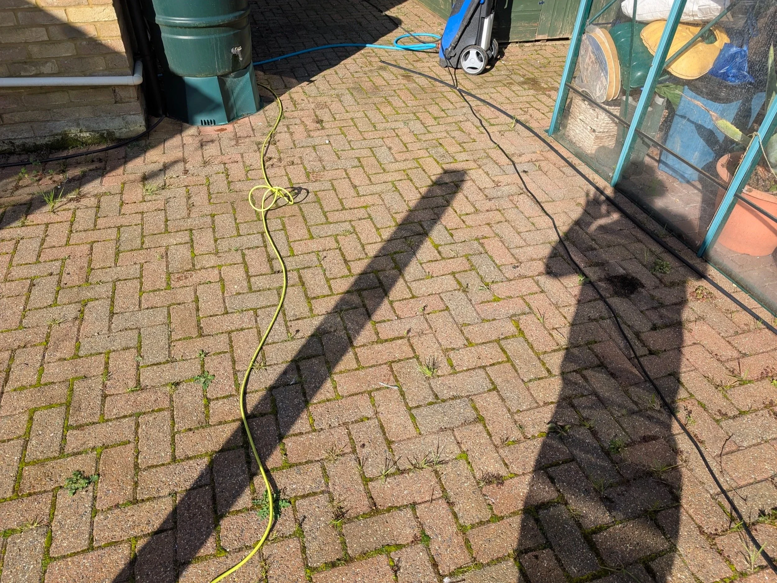 Shadows of two people taking a photo on a brick patio, with electrical cords, gardening tools, and a greenhouse in the background.