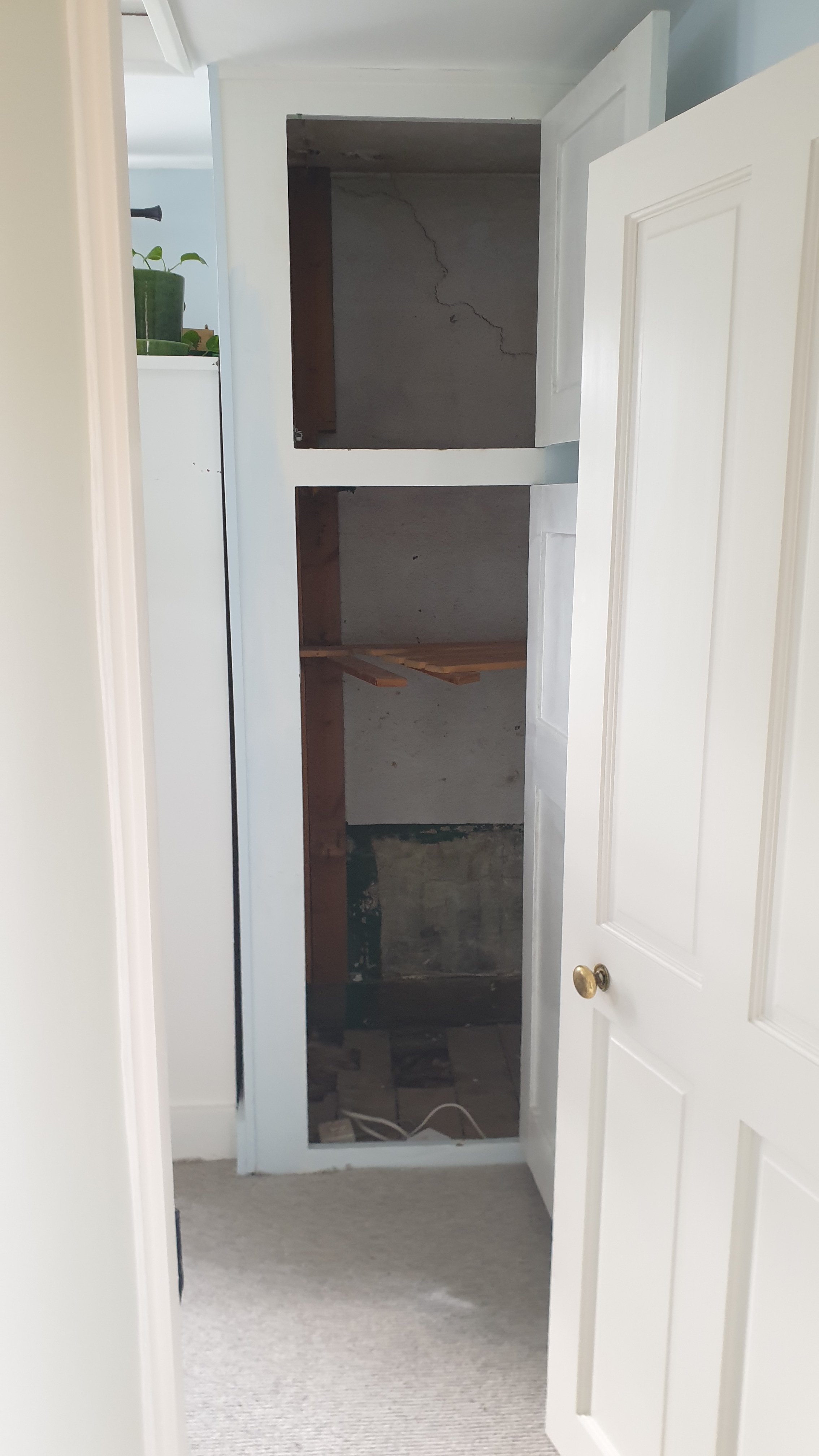 Empty built-in closet with wood shelves and unfinished interior, door open, in a room with white walls and beige carpet.