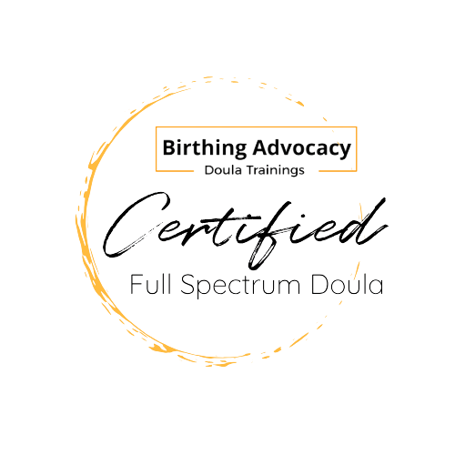 Certificate for Doula Training in Birth Advocacy by Doula Trainings, with black background and gold circular design.