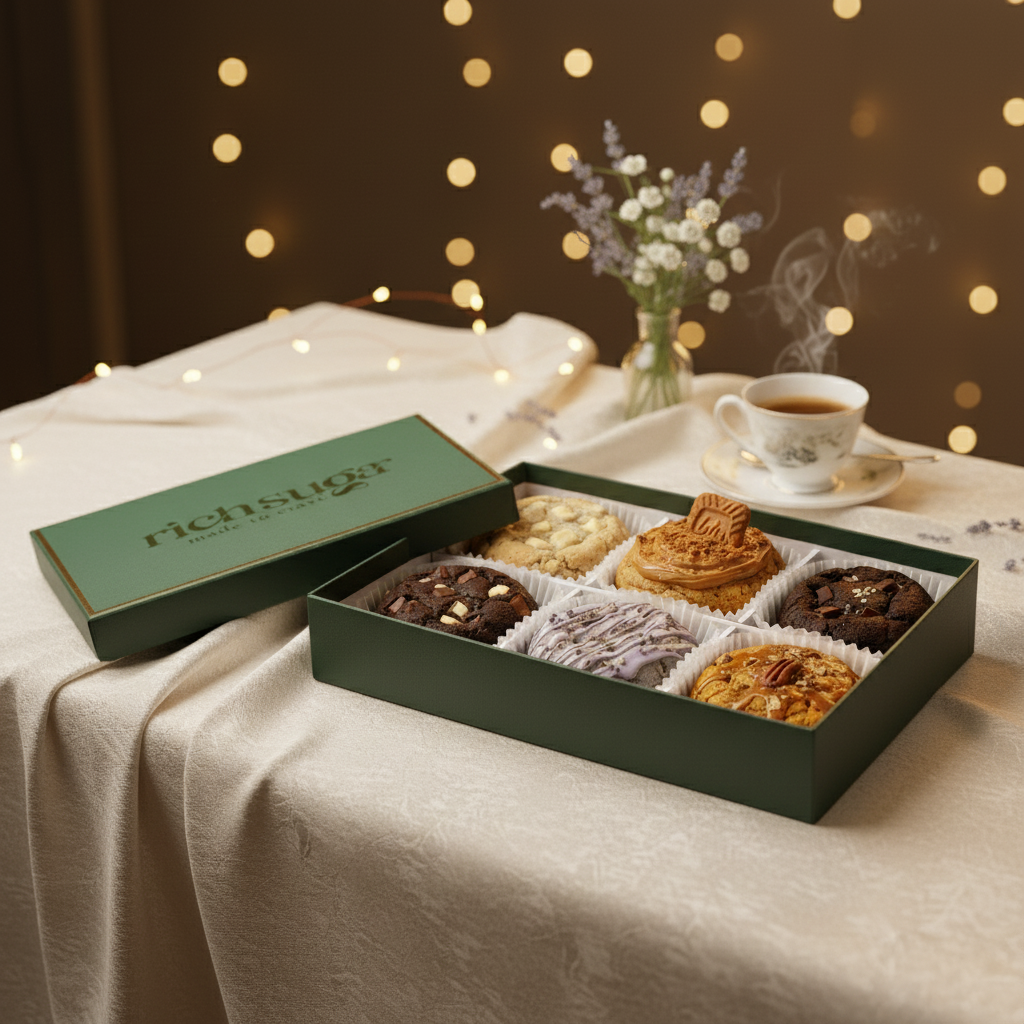 A box of assorted cookies, a cup of hot coffee, a vase with flowers, and string lights on a cream-colored tablecloth.