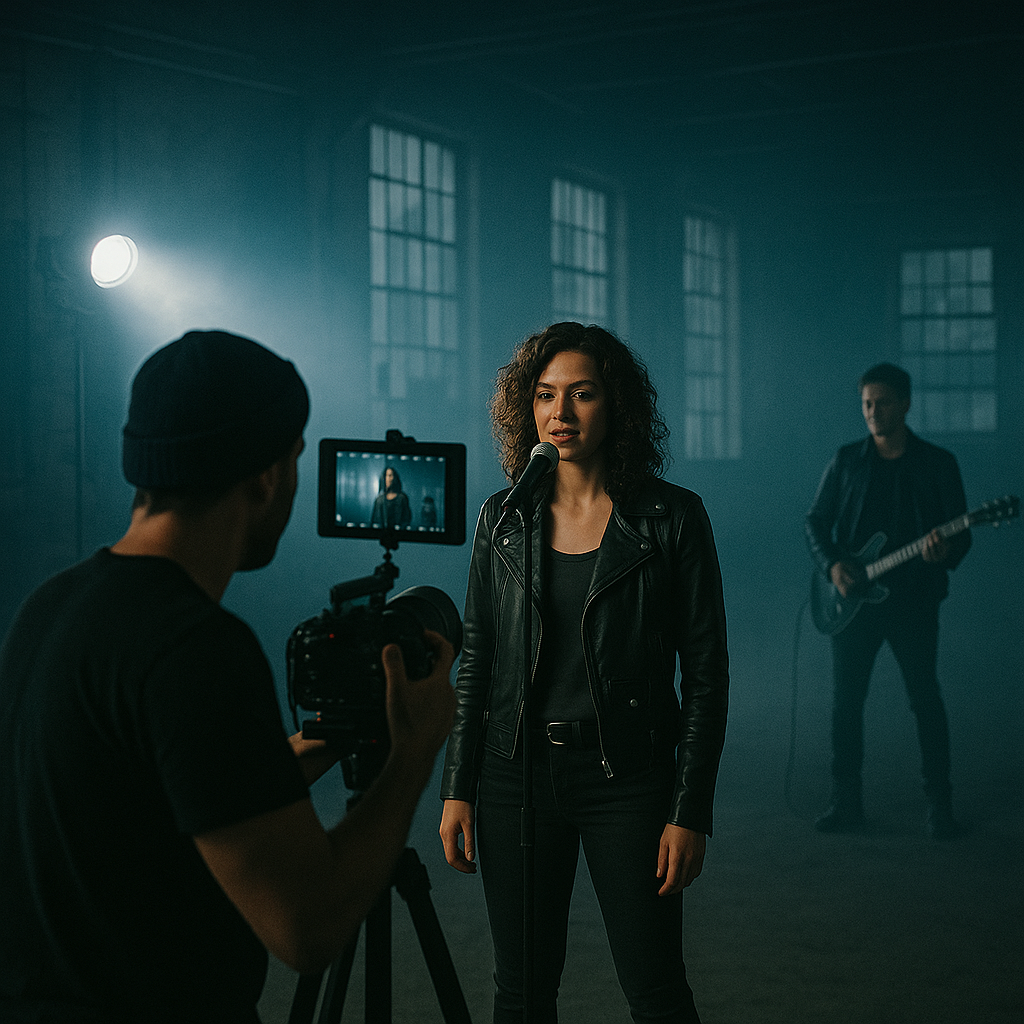 A woman in a leather jacket singing into a microphone in a recording studio, with a man filming her using a video camera and another man playing electric guitar in the background.