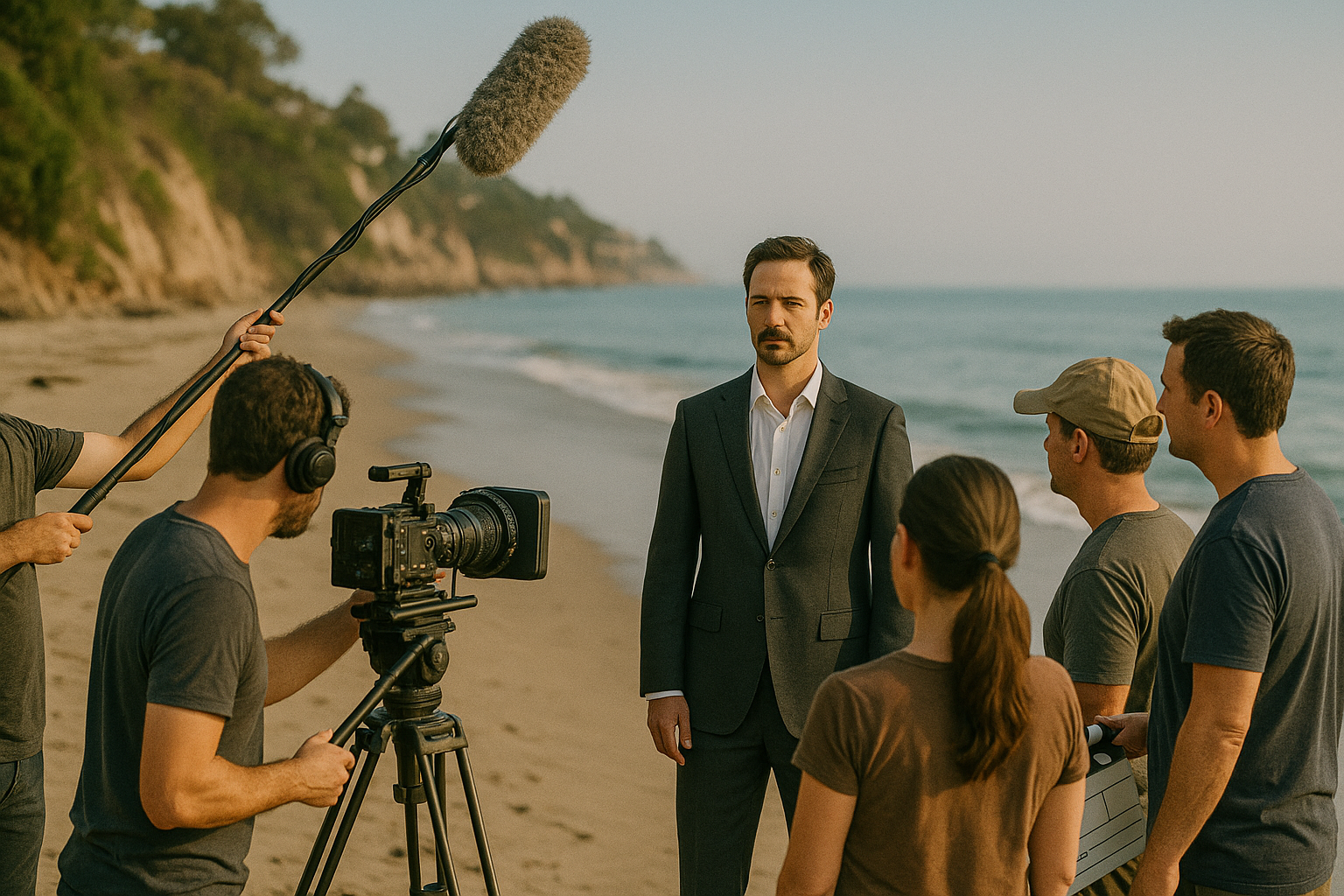 A film crew recording a man in a suit on a beach during sunset.